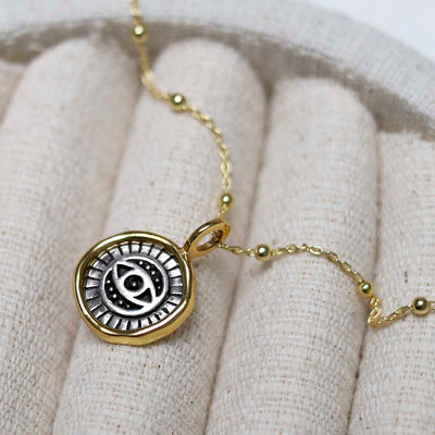 MZB153_Gold Plated Sterling Silver Evil Eye Round Necklace_4