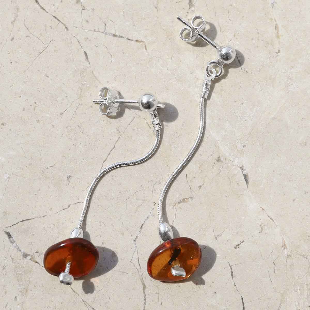 Sterling Silver Toffee Amber Drop Stud Earrings