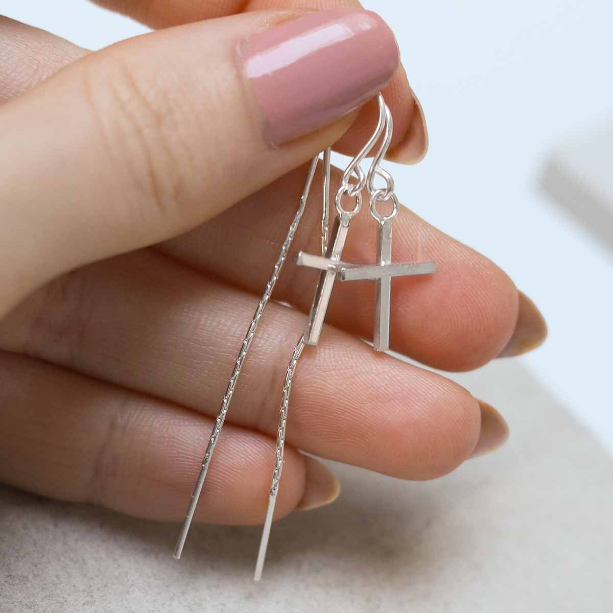 Sterling Silver Cross Threader Earrings