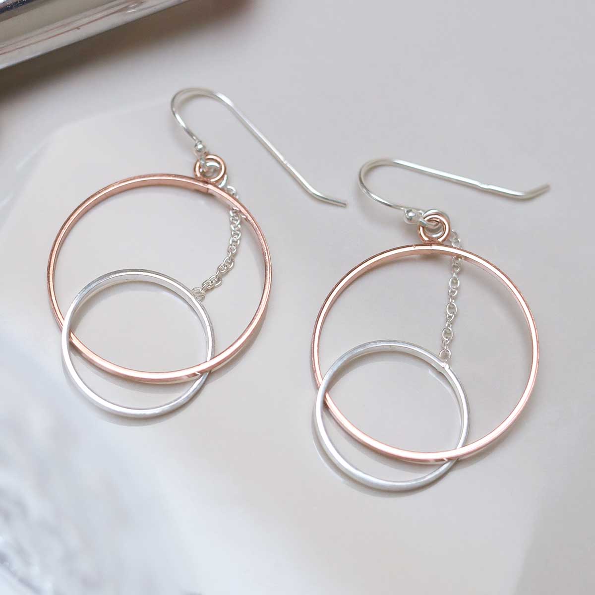 Sterling Silver Rose Gold Circles Dangly Earrings