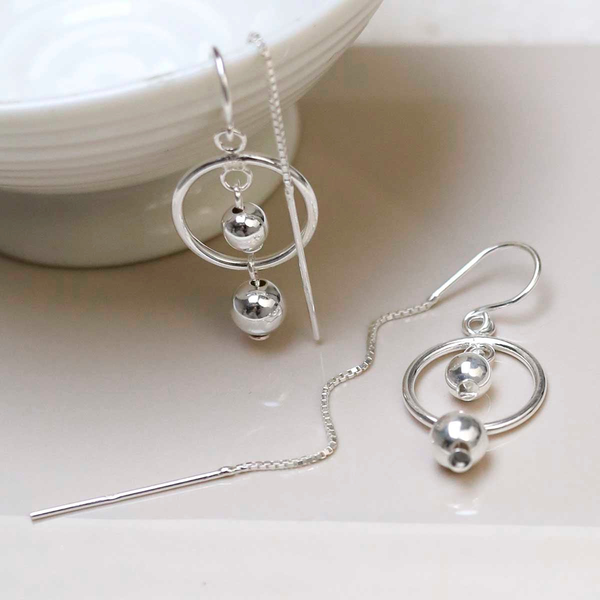 Sterling Silver Ring And Twin Ball Threader Earrings