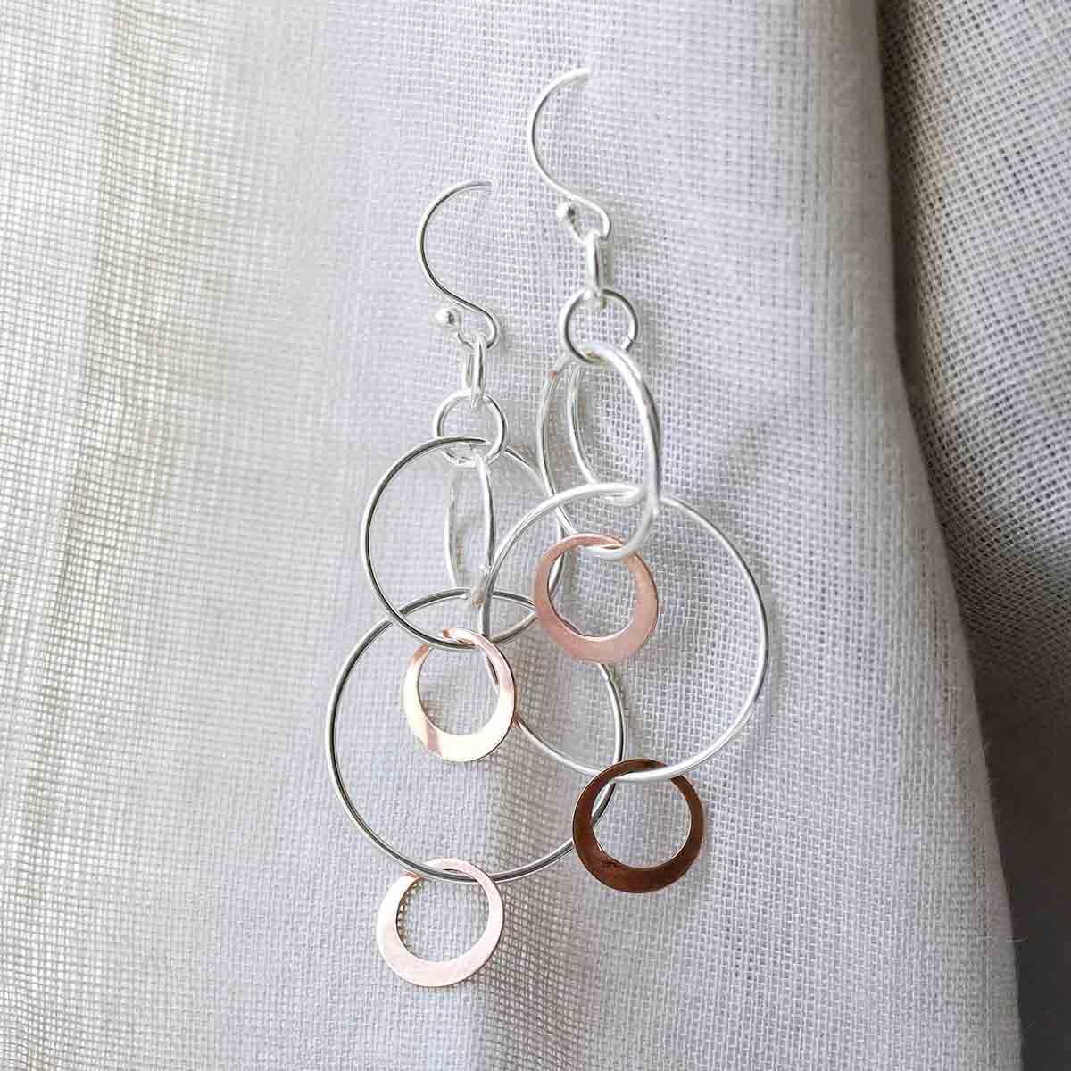 Sterling Silver and Rose Gold Swinging Circles Dangly Earrings