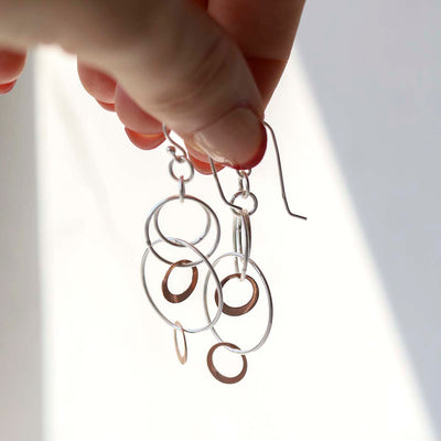 MZB63_Sterling Silver And Rose Gold Swinging Circles Dangly Earrings_4