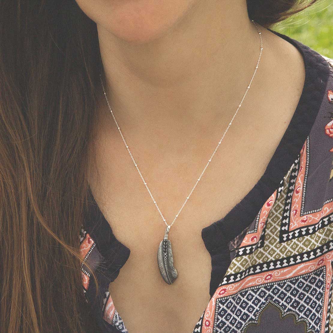 Sterling Silver Oxidised Stone Set Feather Necklace