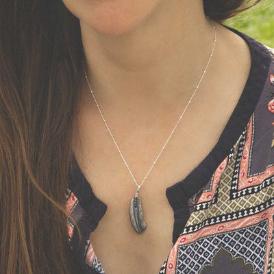 MZA047 STERLING SILVER OXIDISED STONE SET FEATHER NECKLACE model 1110X1110