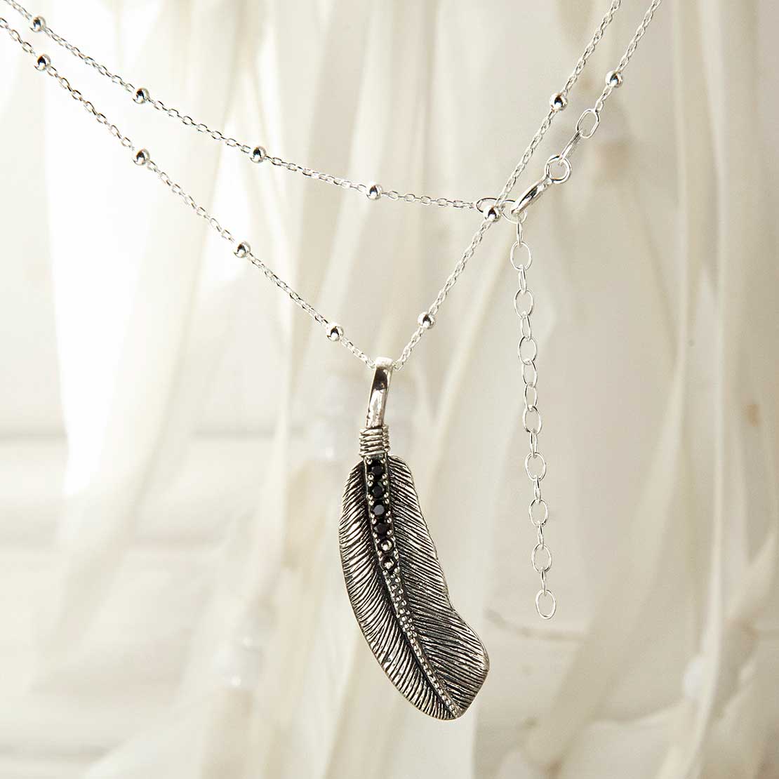 Sterling Silver Oxidised Stone Set Feather Necklace