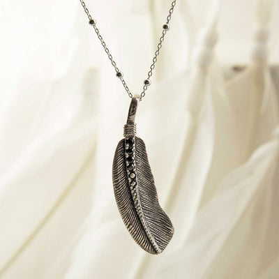 MZA047 STERLING SILVER OXIDISED STONE SET FEATHER NECKLACE 3 1110X1110