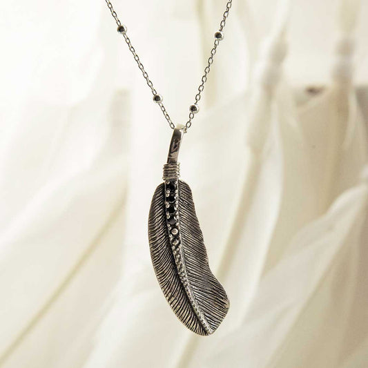 MZA047 STERLING SILVER OXIDISED STONE SET FEATHER NECKLACE 3 1110X1110