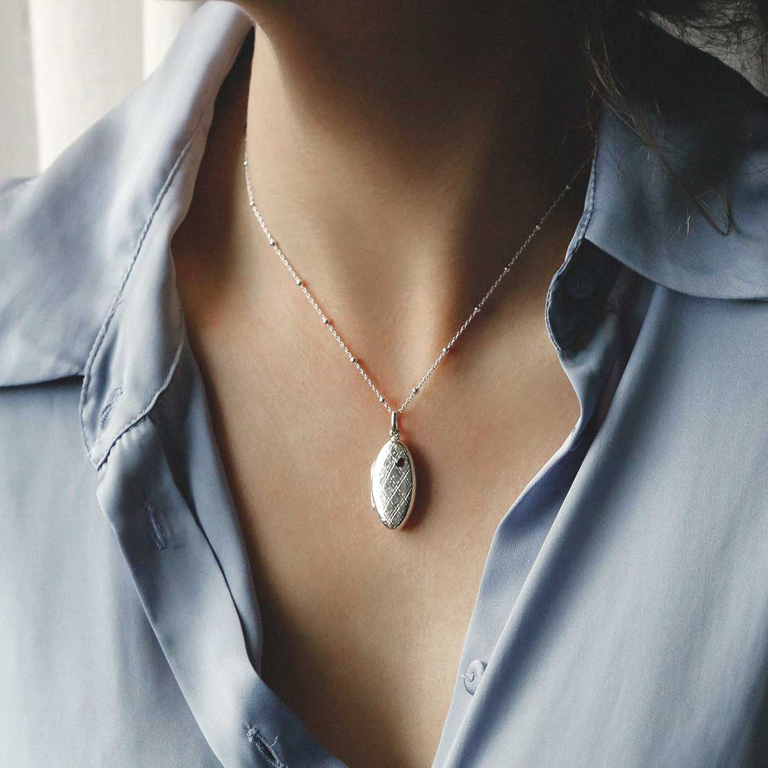 Sterling Silver Oval Garnet Locket Necklace