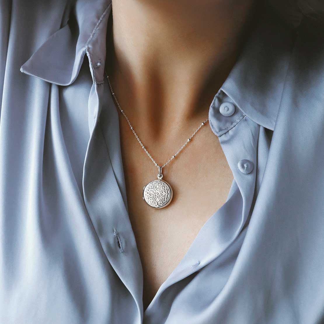 Sterling Silver Floral Round Locket Necklace