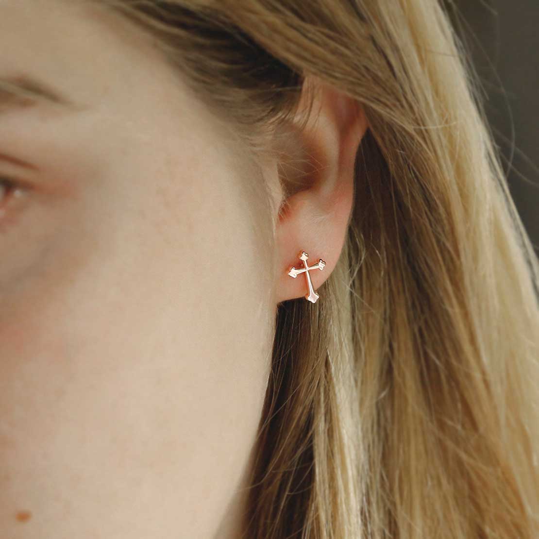 Rose Gold Plated Sterling Silver Gothic Cross Stud Earrings