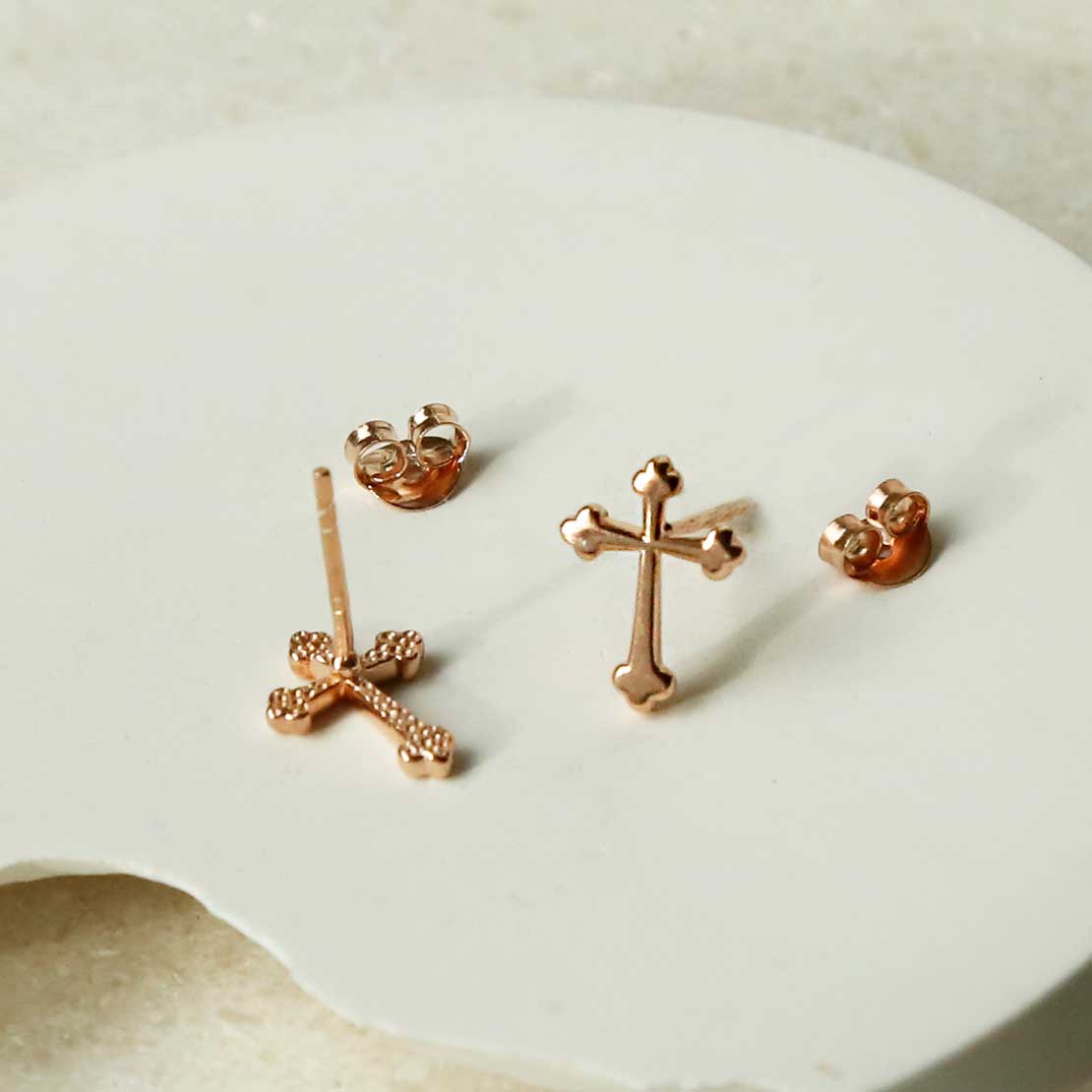 Rose Gold Plated Sterling Silver Gothic Cross Stud Earrings