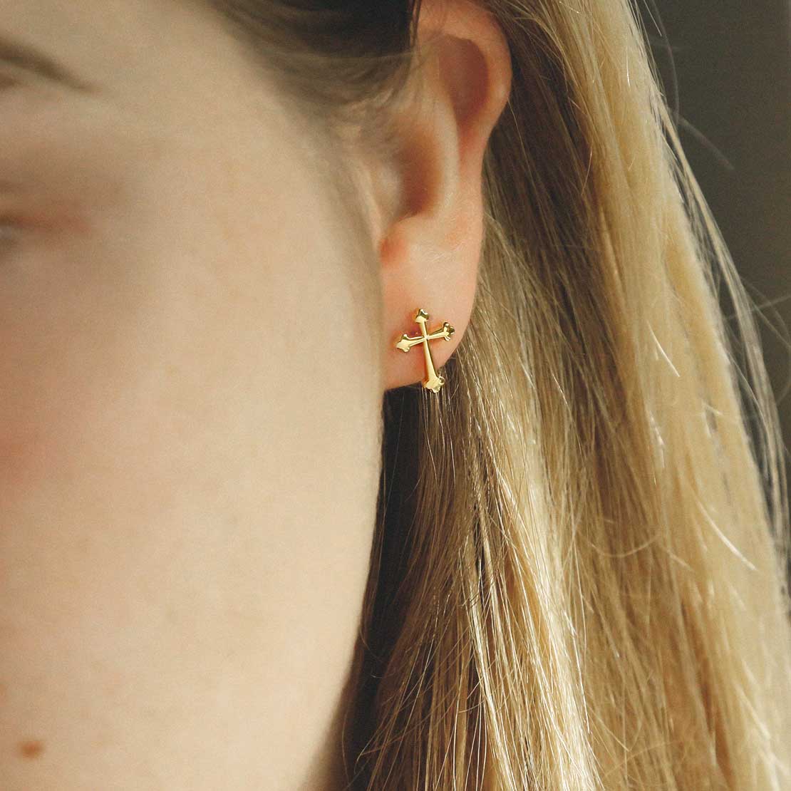 Gold Plated Sterling Silver Gothic Cross Stud Earrings