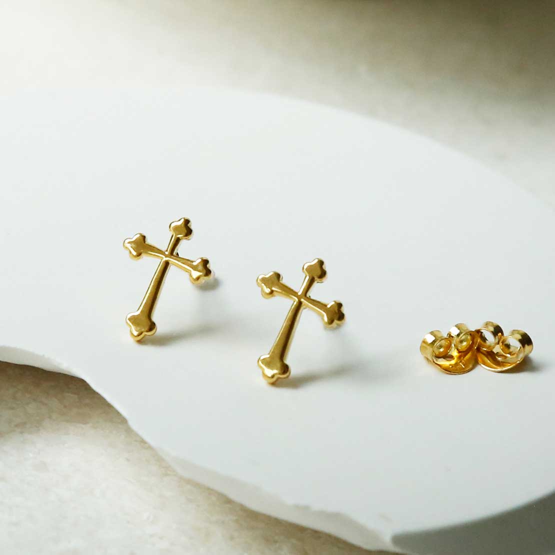 Gold Plated Sterling Silver Gothic Cross Stud Earrings