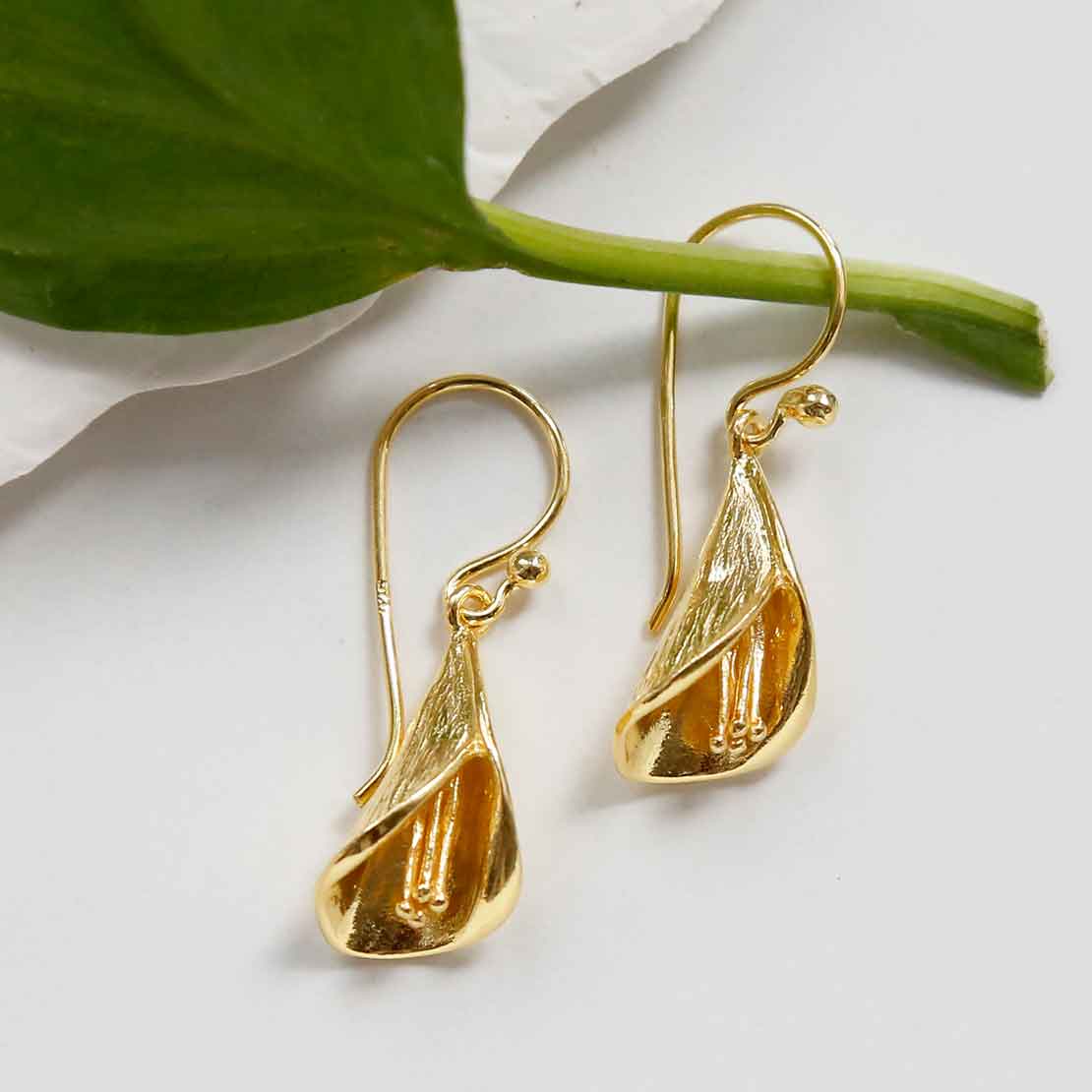 Gold Plated Sterling Silver Calla Lily Dangly Earrings