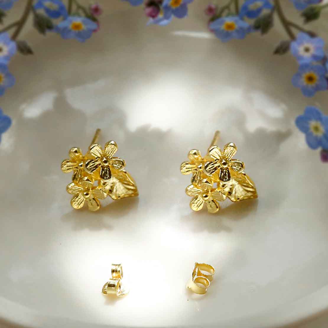 Gold Plated Sterling Silver Tri Flower Stud Earrings
