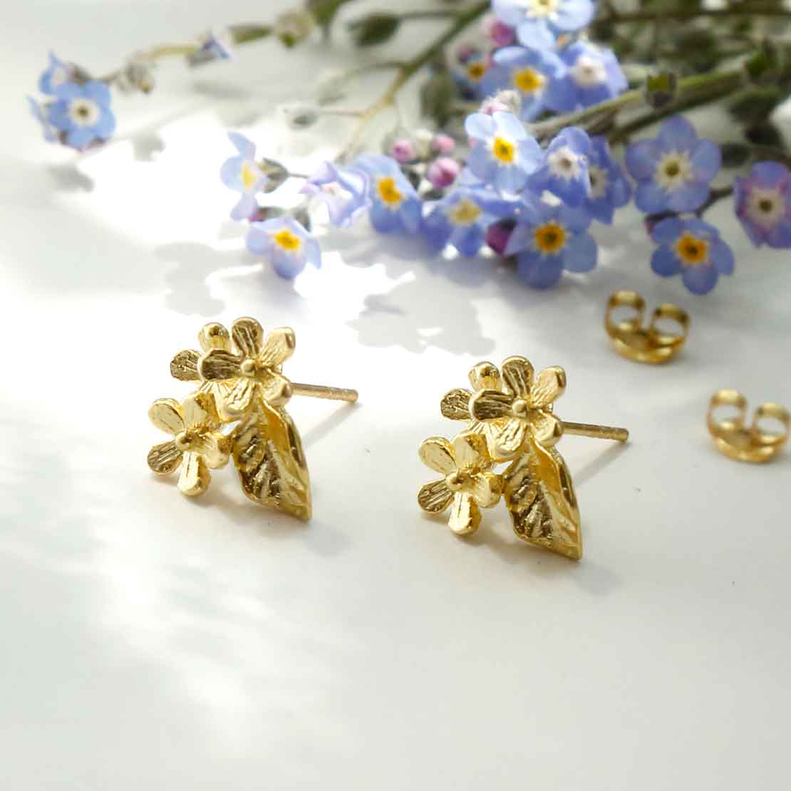 Gold Plated Sterling Silver Tri Flower Stud Earrings