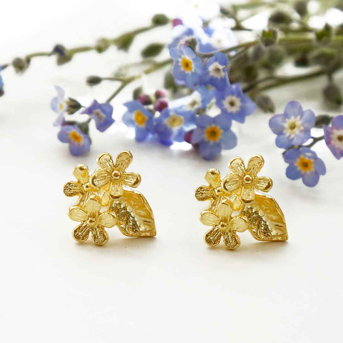 Gold Plated Sterling Silver Tri Flower Stud Earrings