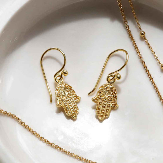 MB157EG Gold Plated Sterling Silver Fatima Hand Dangly Earrings