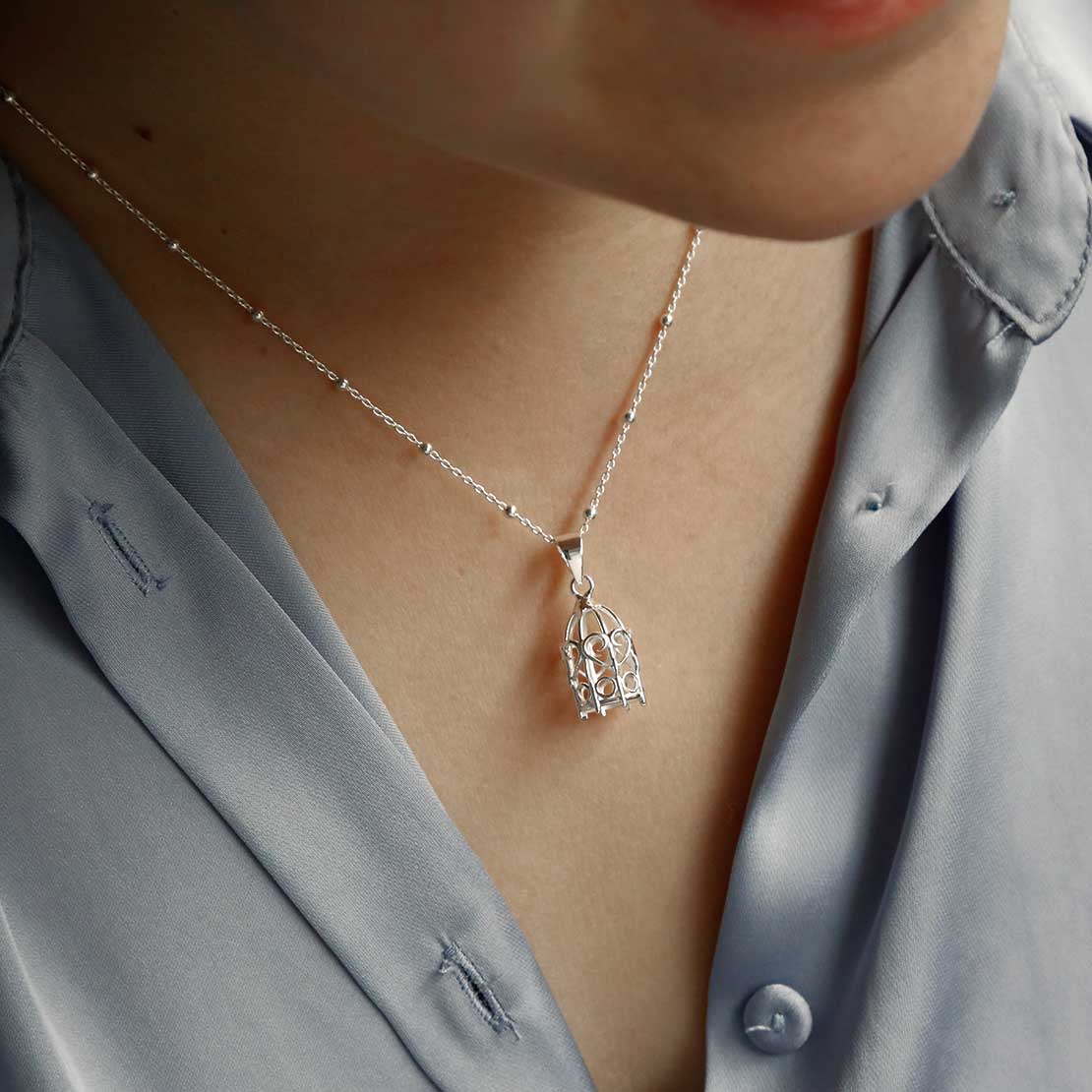 Sterling Silver Birdcage Pendant Necklace