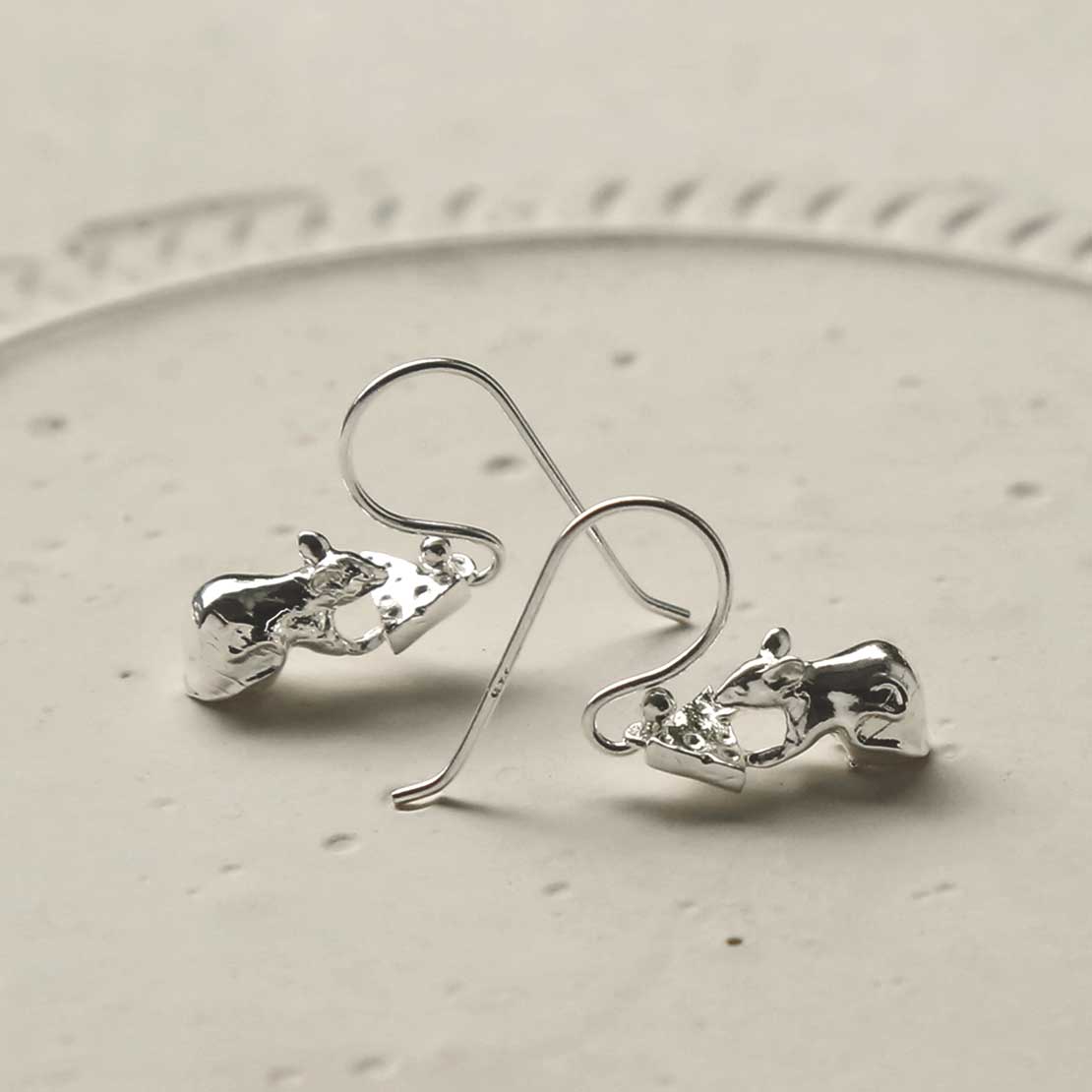 Sterling Silver Mouse and Cheese Dangly Earrings