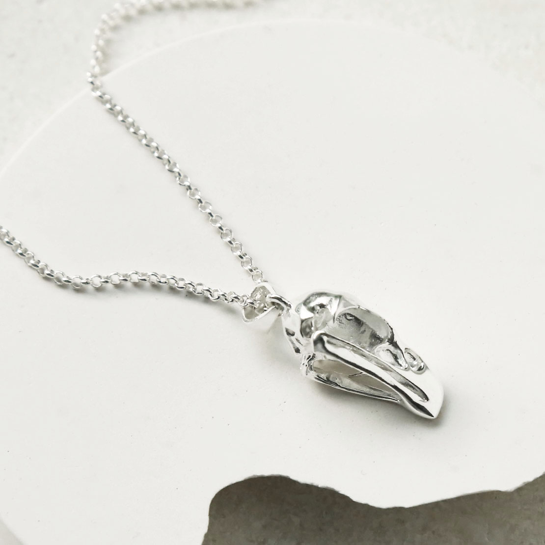 Sterling Silver Raven Skull Pendant Necklace