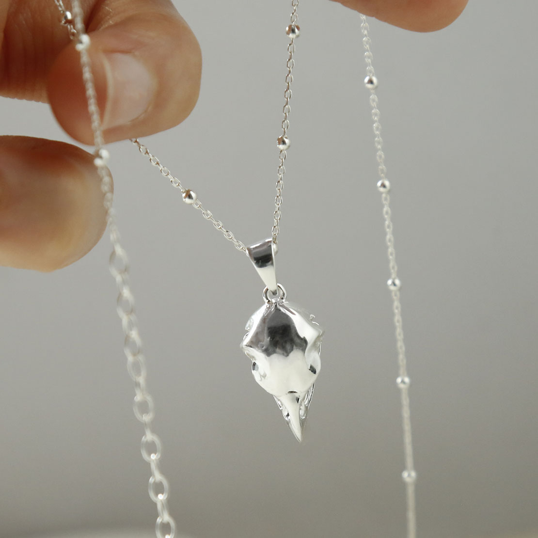 Sterling Silver Raven Skull Pendant Necklace