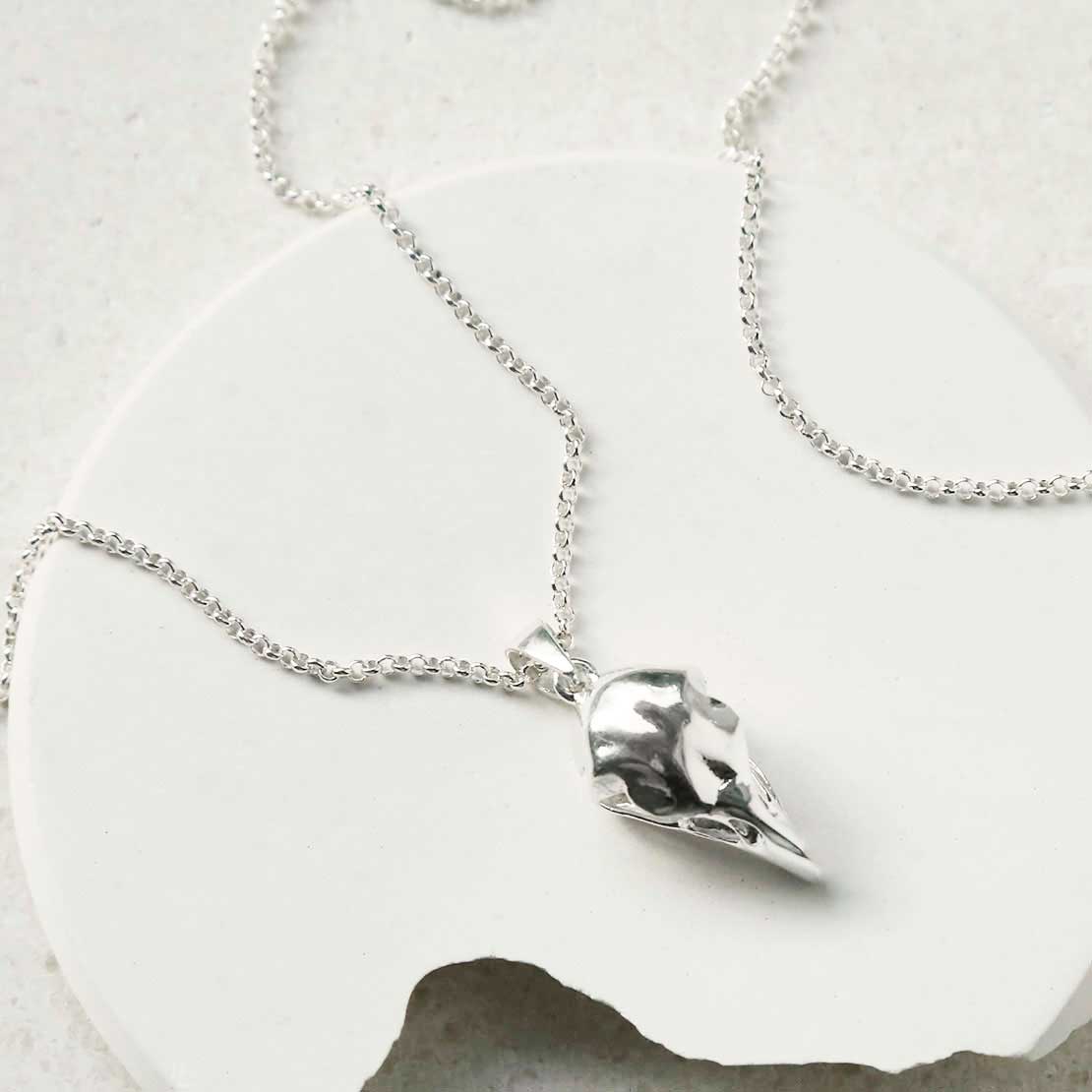 Sterling Silver Raven Skull Pendant Necklace