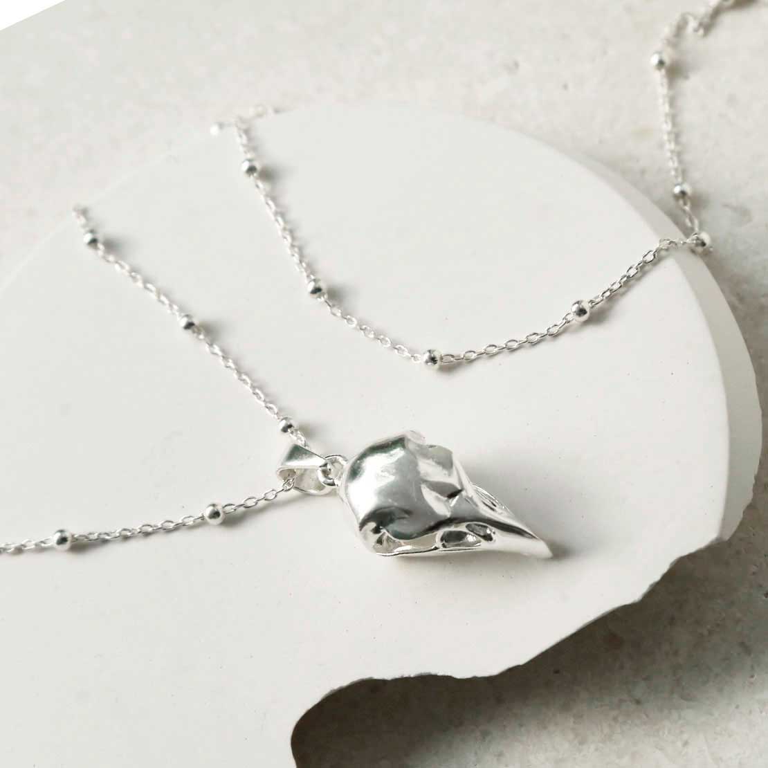 Sterling Silver Raven Skull Pendant Necklace