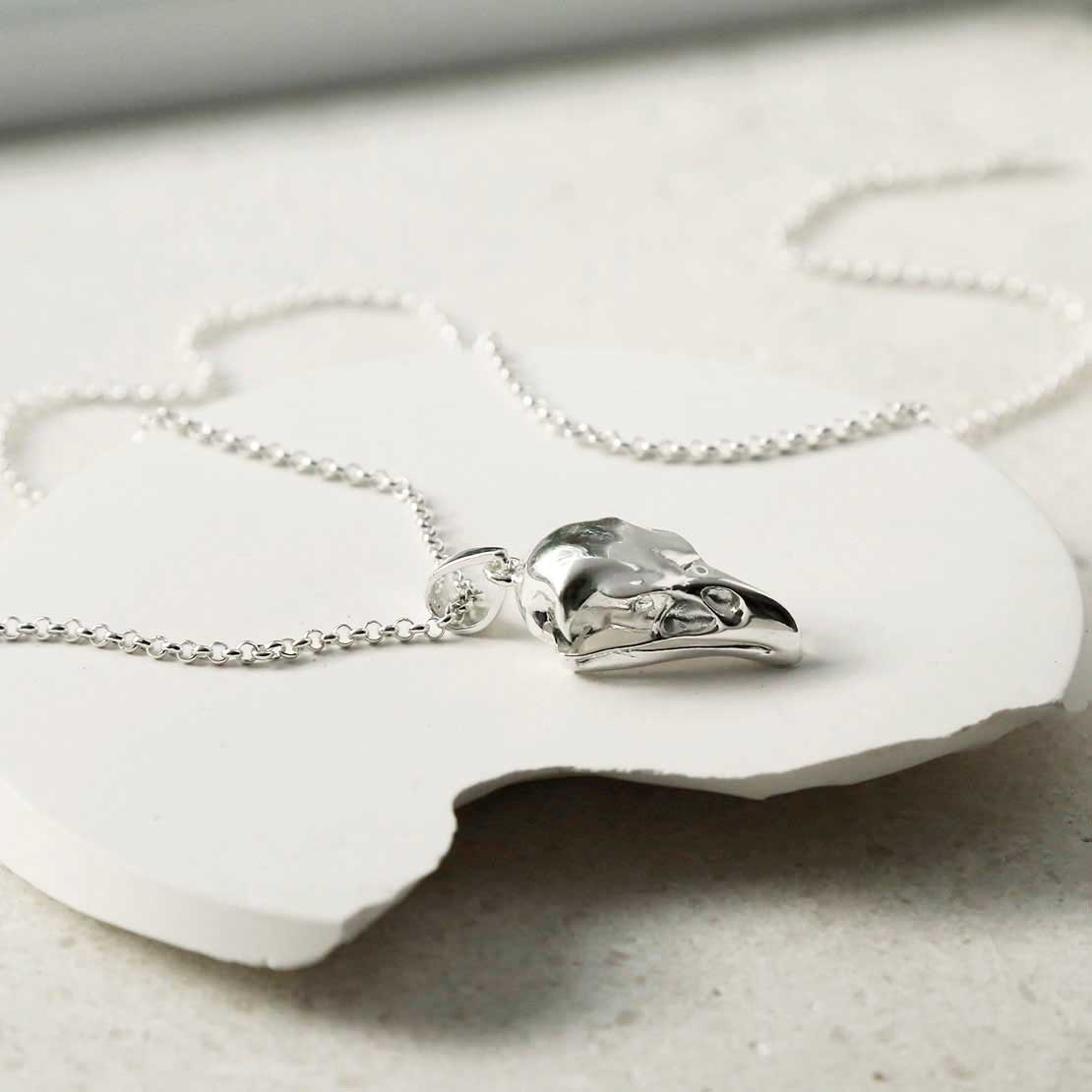 Sterling Silver Raven Skull Pendant Necklace