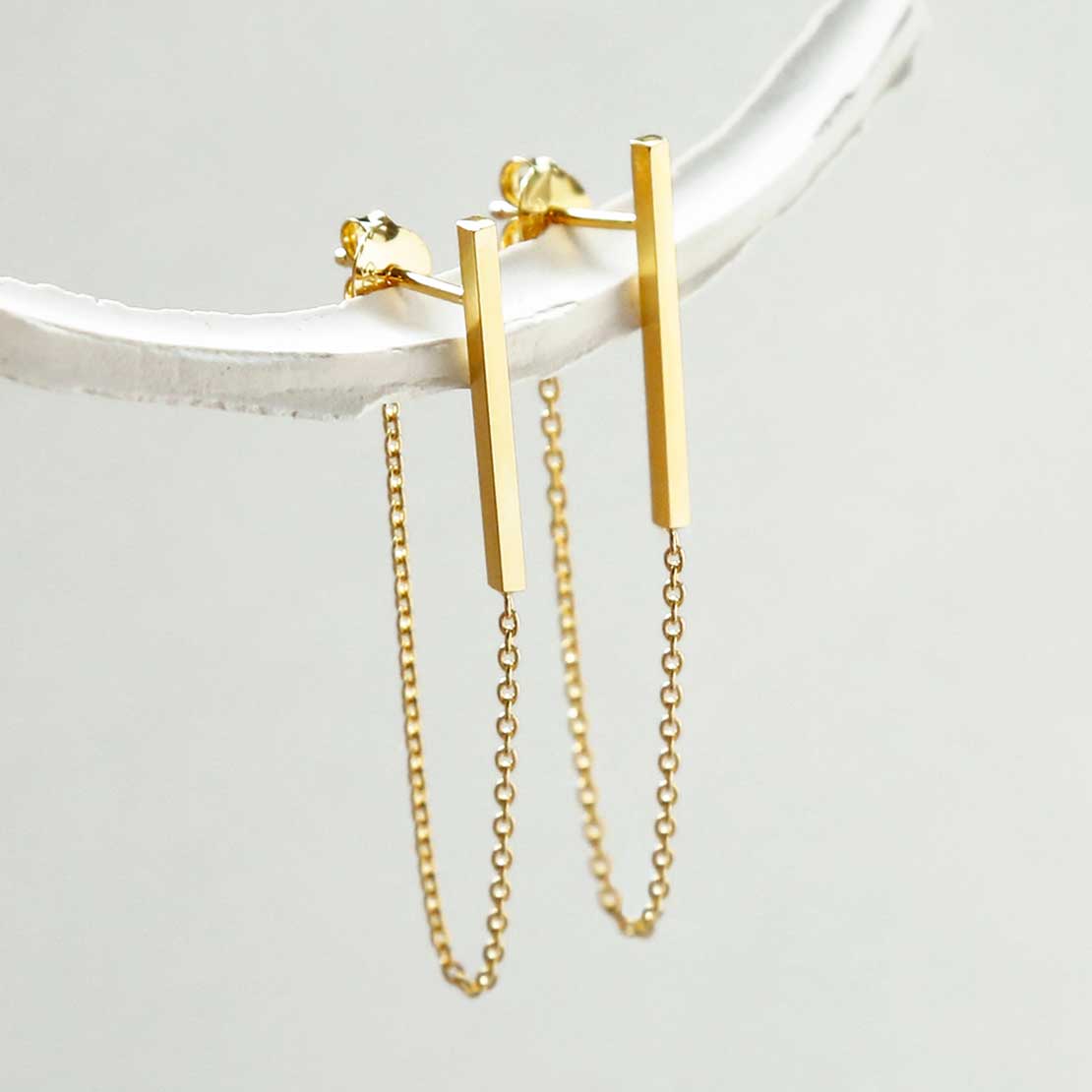 Gold Plated Sterling Silver Bar And Chain Earrings