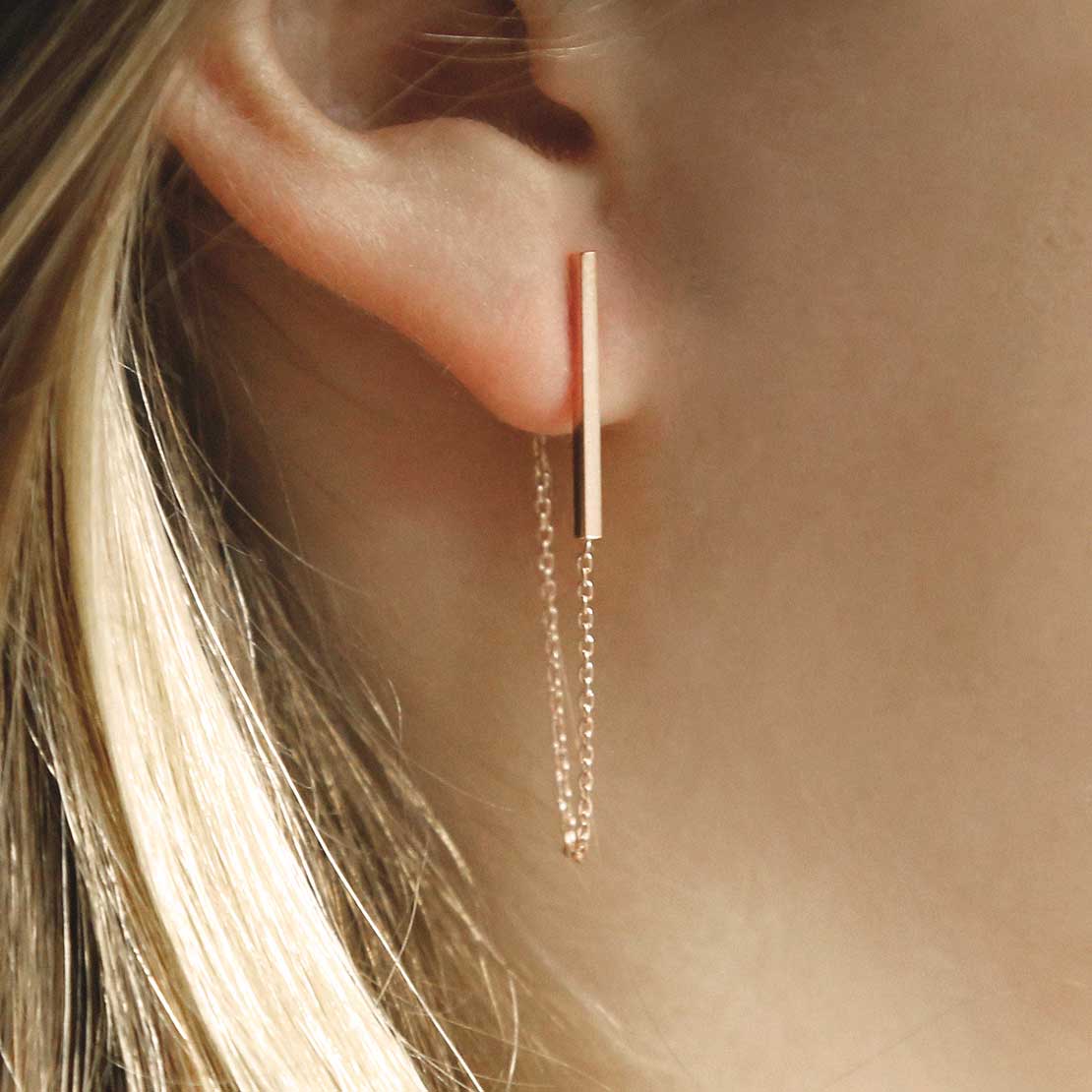 Rose Gold Plated Sterling Silver Bar And Chain Earrings