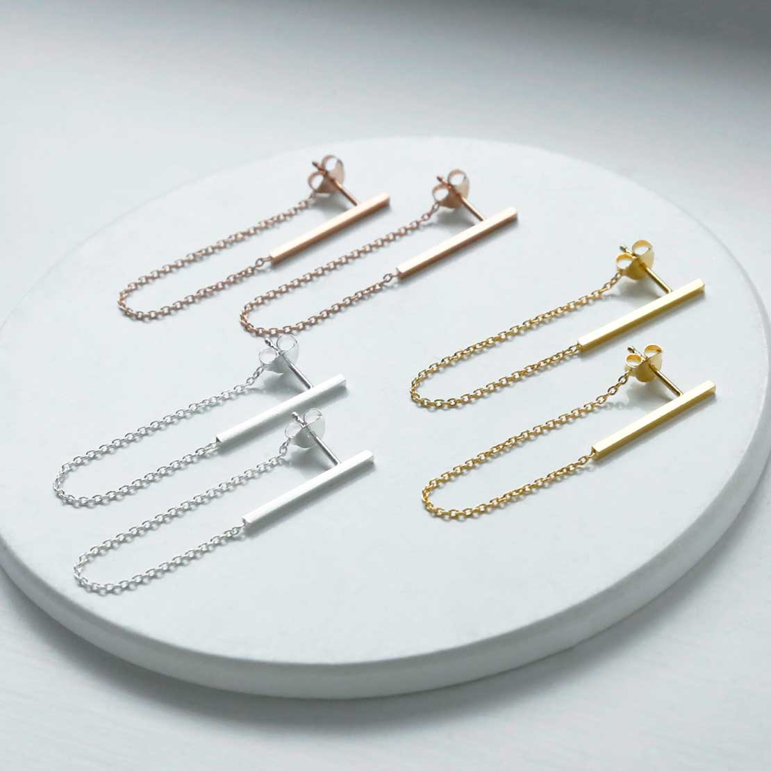 Rose Gold Plated Sterling Silver Bar And Chain Earrings