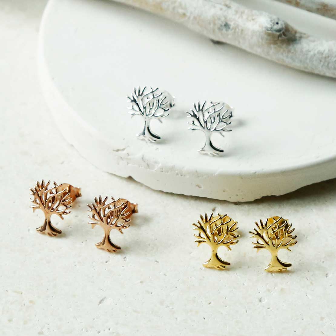 Rose Gold Plated Sterling Silver Tree Stud Earrings