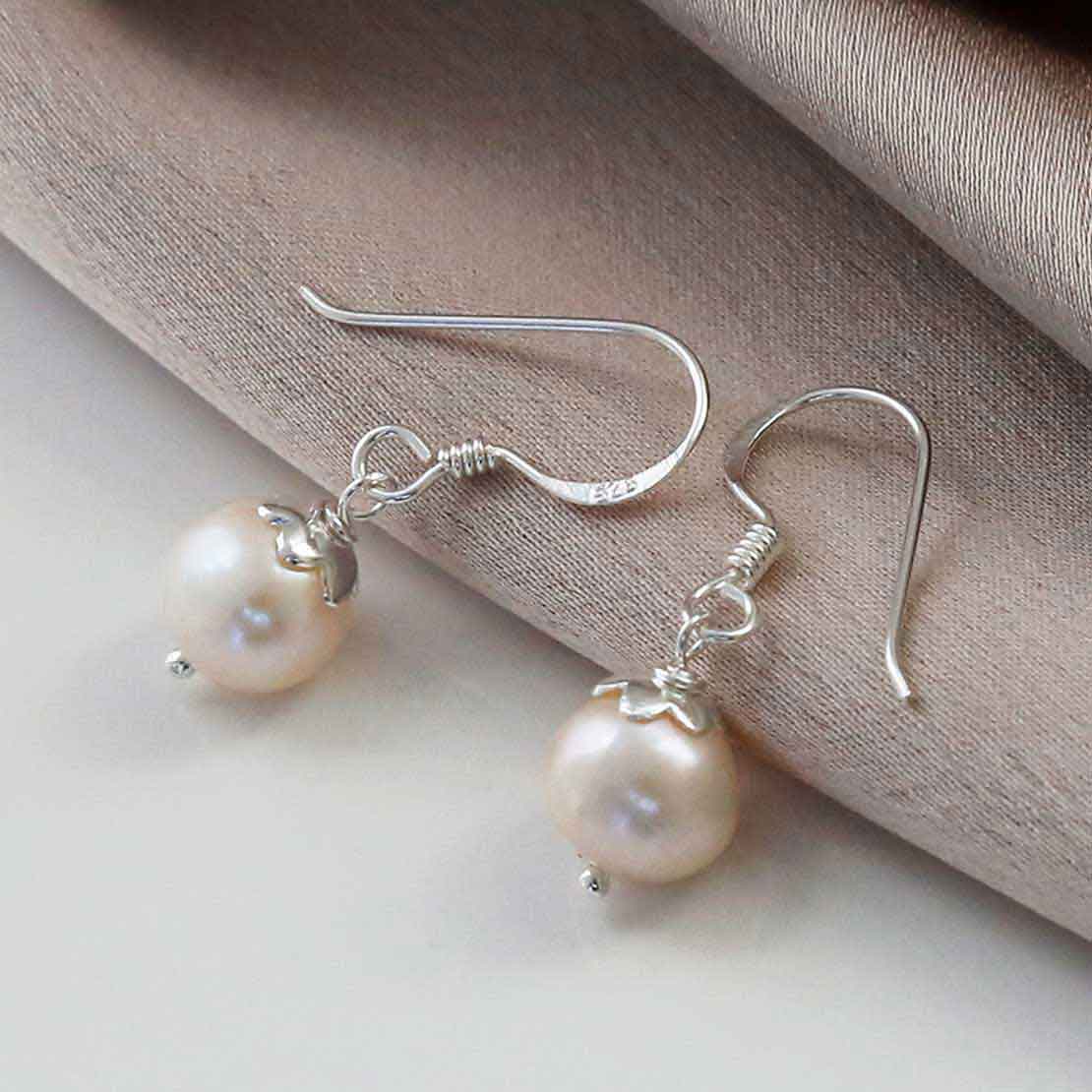 Sterling Silver Round Pearl Dangly Earrings