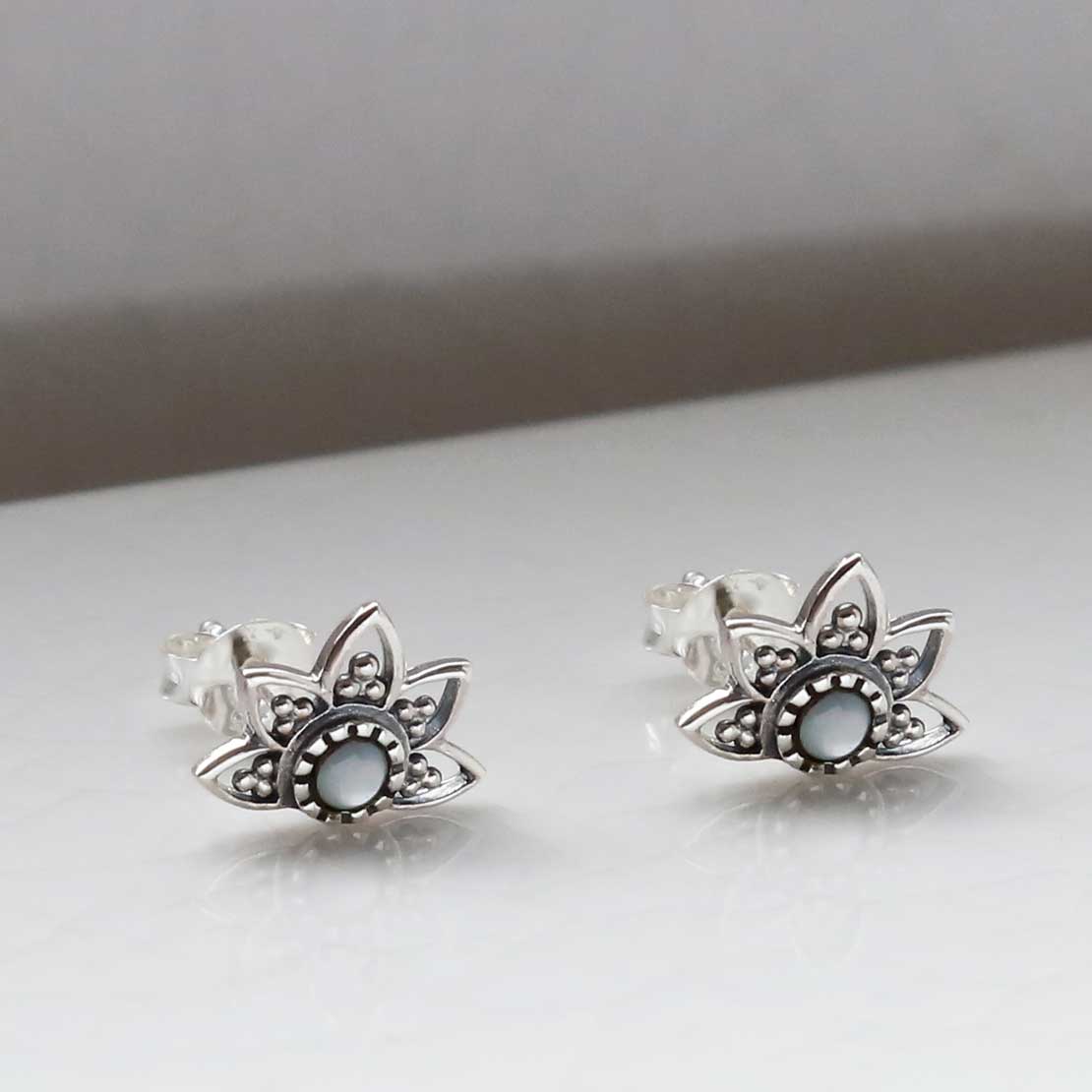 Sterling Silver Mother of Pearl Lotus Studs