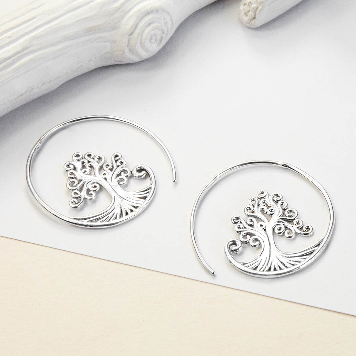 Sterling Silver Tree Hoop Earrings