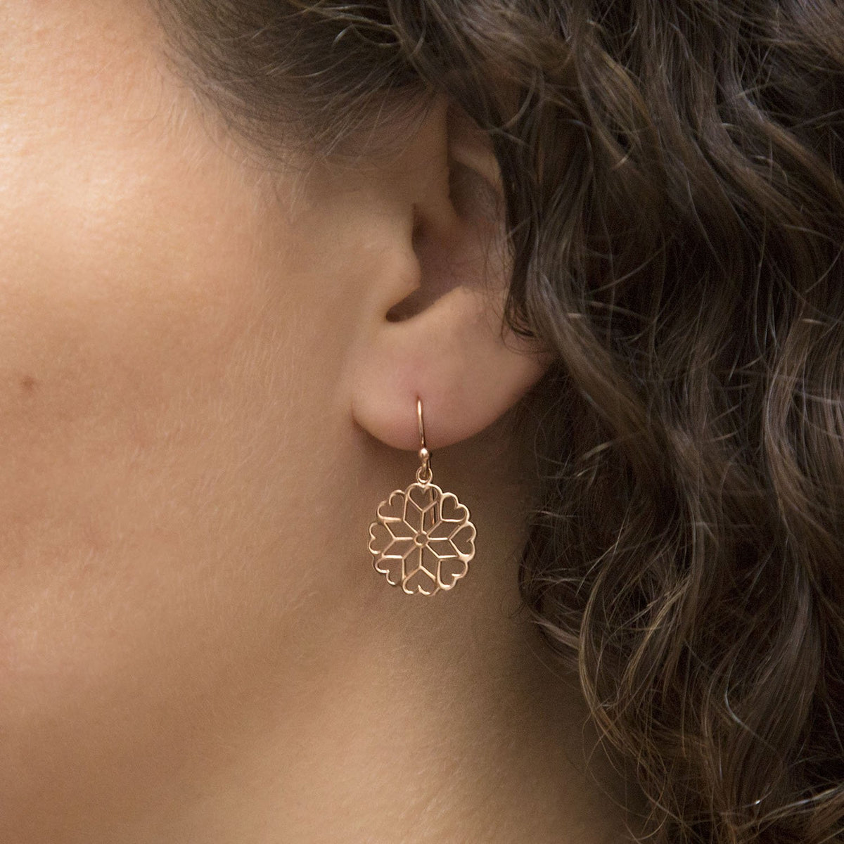 Rose Gold Plated Sterling Silver Heart Mandala Dangly Earrings