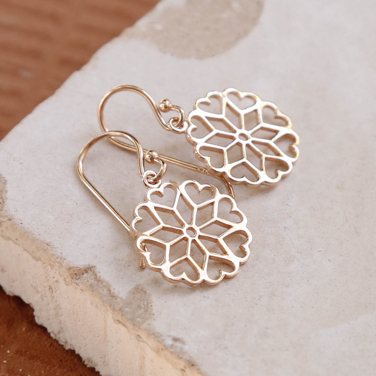 Rose Gold Plated Sterling Silver Heart Mandala Dangly Earrings