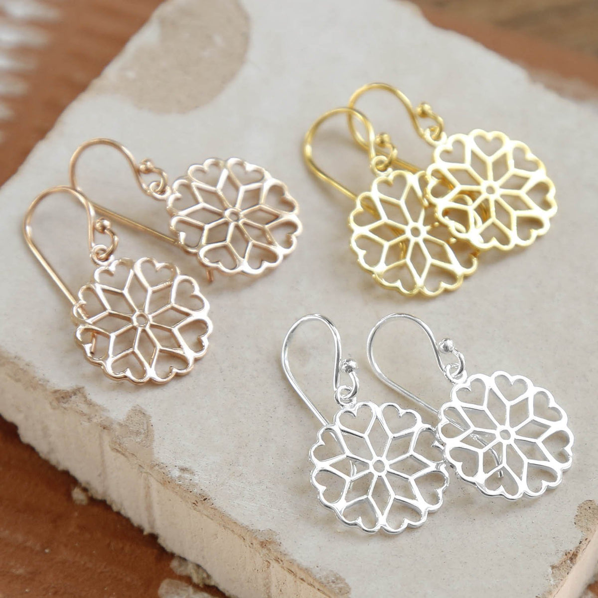 Gold Plated Sterling Silver Heart Mandala Dangly Earrings