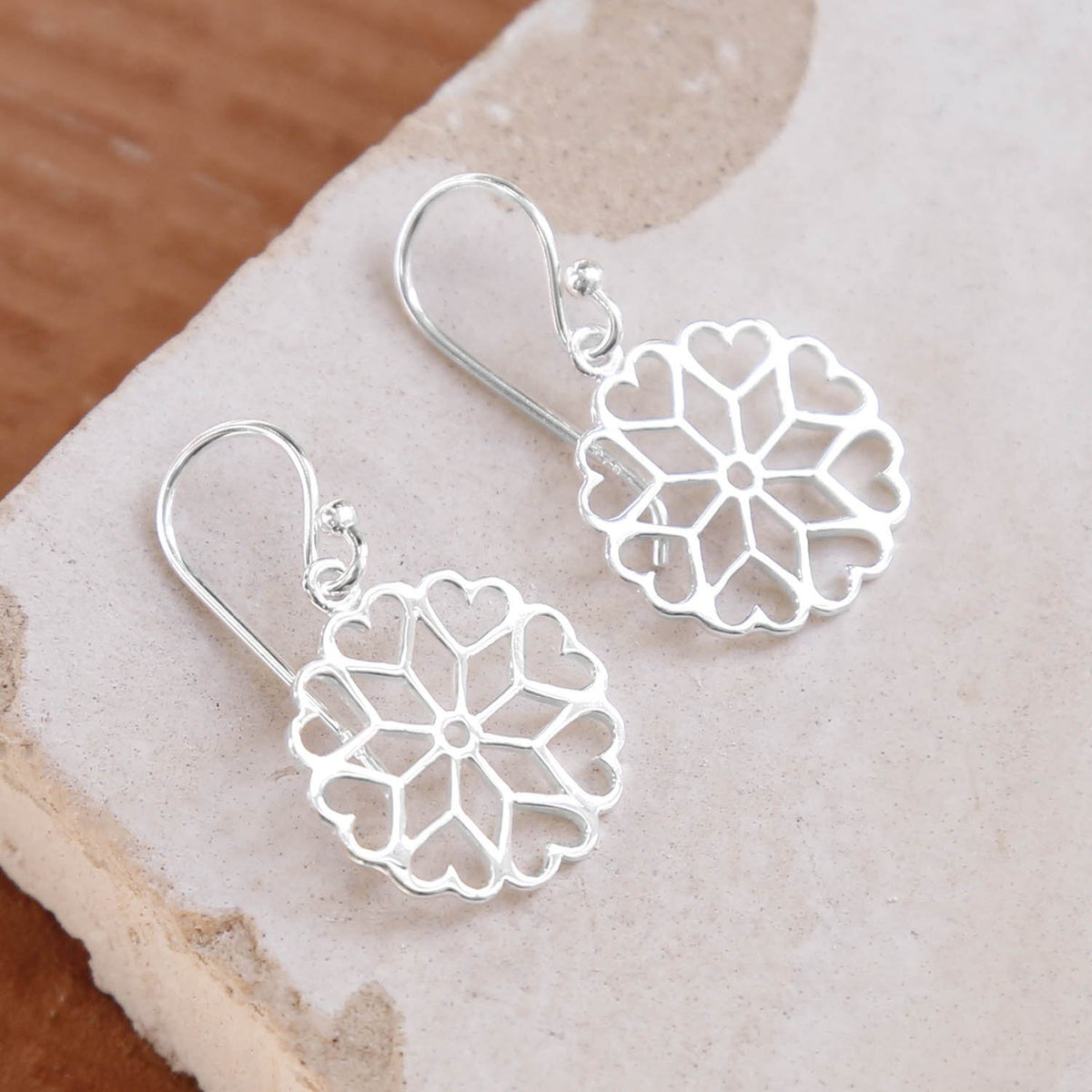 Sterling Silver Heart Mandala Dangly Earrings