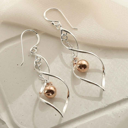 ME511 STERLING SILVER ROSE GOLD TWIST BALL DANGLY EARRINGS 2