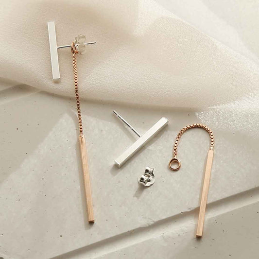 ME512 STERLING SILVER ROSE GOLD T BAR DANGLY EARRINGS 1