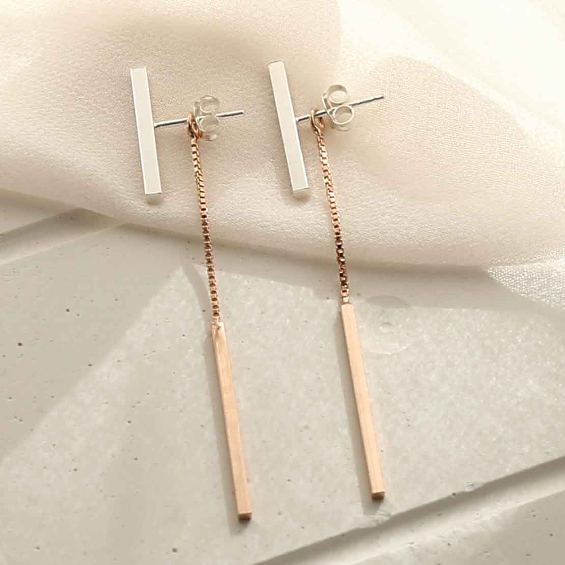 Sterling Silver Rose Gold T Bar Dangly Earrings