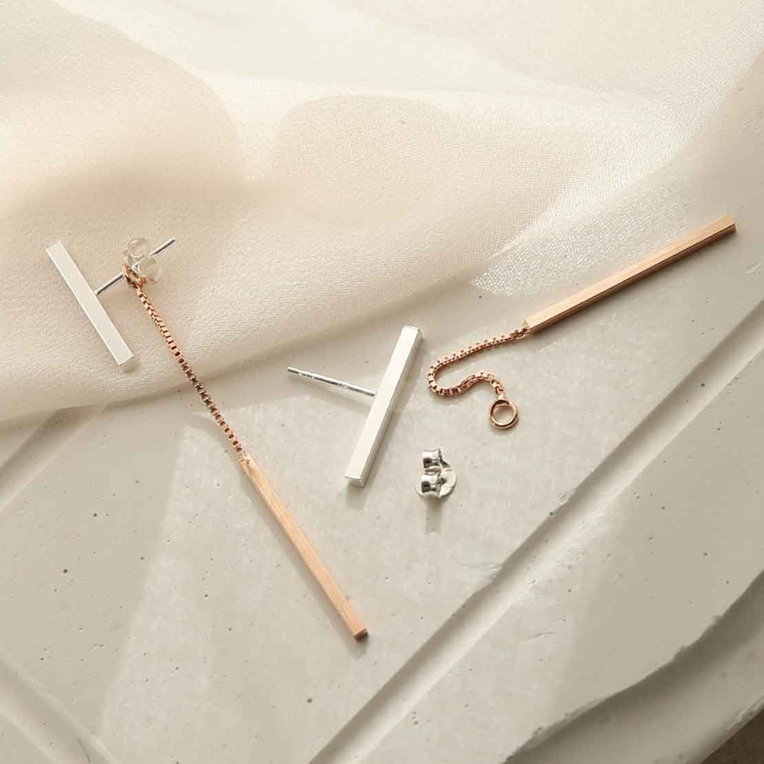 Sterling Silver Rose Gold T Bar Dangly Earrings