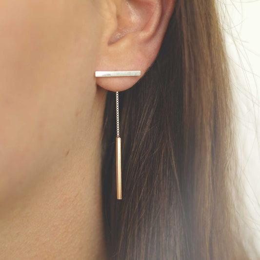 ME512 STERLING SILVER ROSE GOLD DOUBLE BAR AND CHAIN DANGLY EARRINGS MODEL