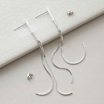 ME525 STERLING SILVER DOUBLE SNAKE CHAIN DANGLY EARRINGS 2