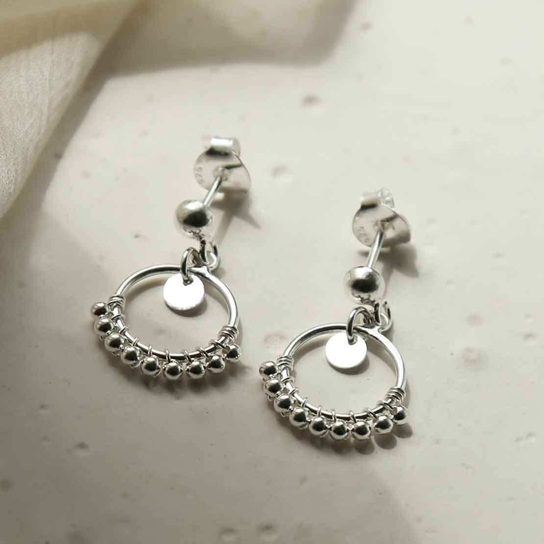 Sterling Silver Disc and Balls Hoop Studs
