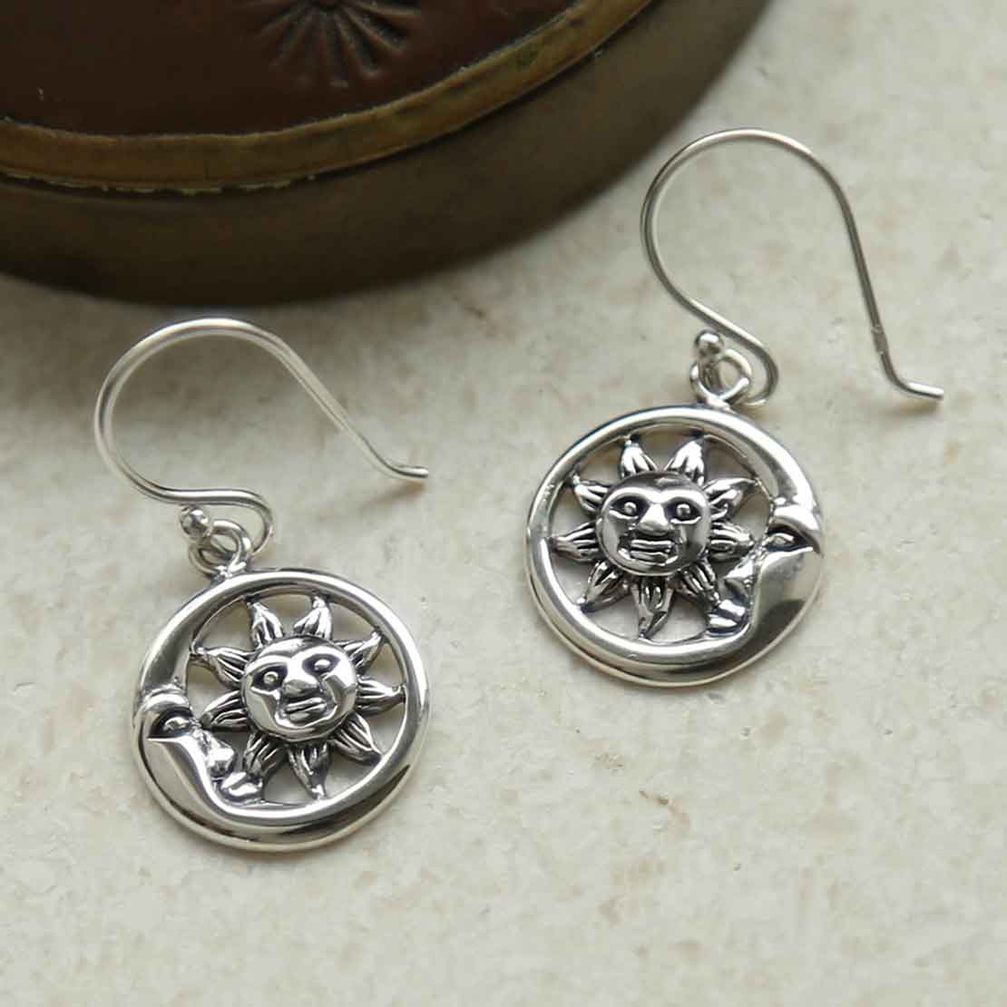 Sterling Silver Sun and Moon Dangly Earrings