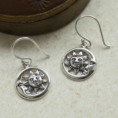 ML952E STERLING SILVER SUN AND MOON DANGLY EARRINGS 2